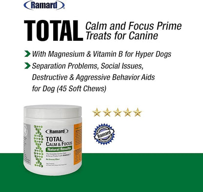 Ramard Total Calm & Focus Dog Treat Supplement - Natural Calming Chews with Magnesium & B-Vitamins - 45 Soft Chews for Canine Calmness During Training, Grooming, and Everyday Enjoyment