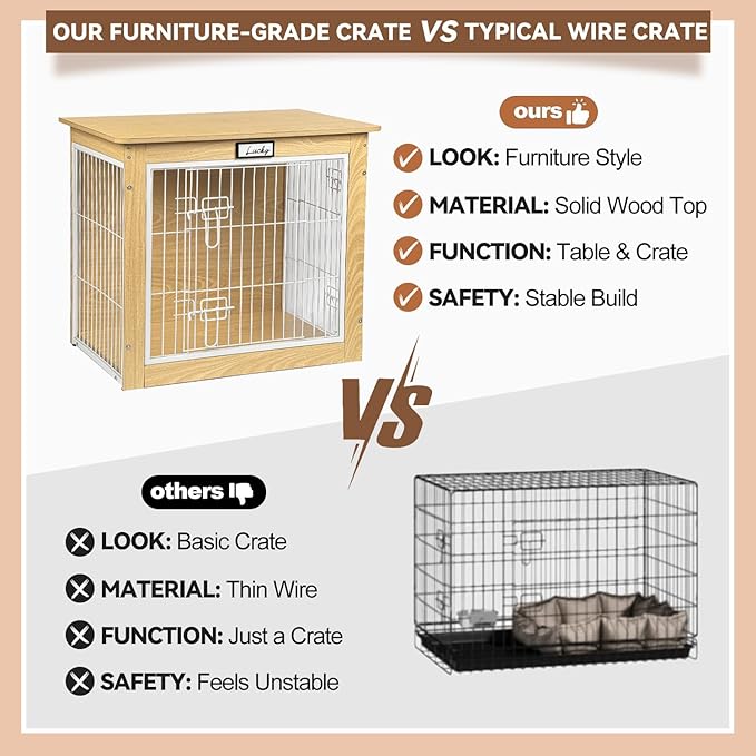 Oak Dog Crate Furniture with Reversible Side Door, 28'' Wooden Indoor Dog Kennel for Small Medium Dogs, Furniture Style End Table Dog Crate with Double Locks, Steel Mesh Dog Cage