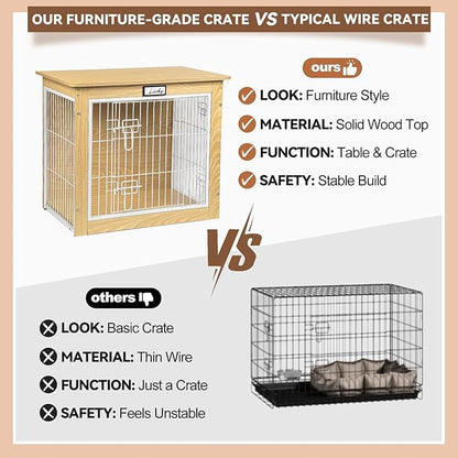 Oak Dog Crate Furniture with Reversible Side Door, 28'' Wooden Indoor Dog Kennel for Small Medium Dogs, Furniture Style End Table Dog Crate with Double Locks, Steel Mesh Dog Cage