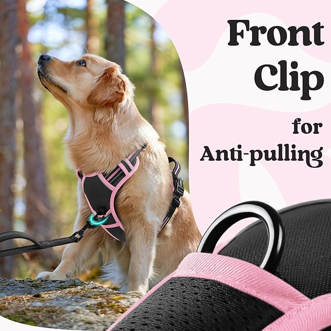 rabbitgoo Dog Harness for Large, No Pull Pet Harness with 3 Buckles, Adjustable Soft Padded Vest with Control Handle, Walking Reflective Pet Vest for Large Dogs, Black & Pink, L