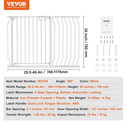 VEVOR 29.5-46" Extra Wide Baby Gate for Stairs, Auto Close Dog Gate for The House, Easy Install Pressure Mounted Pet Gates for Doorways, Easy Walk Thru Wide Safety Gate for Dog, White