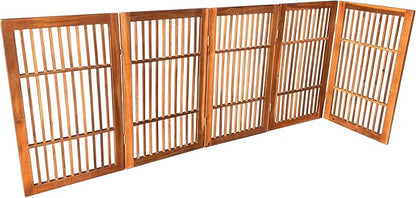 Urnporium Pet Dog Gate Freestanding, Strong Durable Folding Wooden Fence, Portable Acacia Hardwood Safety Barrier for Indoor & Outdoor Use (Brown Pet Gate, 5 Panel 30" Tall)