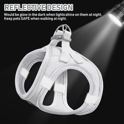 GAMUDA Small Pet Harness Collar and Leash Set, Step in No Chock No Pull Linen Fabric Soft Mesh Dog Vest Harnesses Reflective for Dogs Puppy Cats Kitten Rabbit (White, L)
