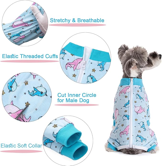 Dog Recovery Suit for Surgery Small Medium Dogs Onesie, Cute Soft Dog Pajamas Bodysuit Cone Alternative Prevent Licking Recovery Suit Female Male (Dolphins, X-Large)