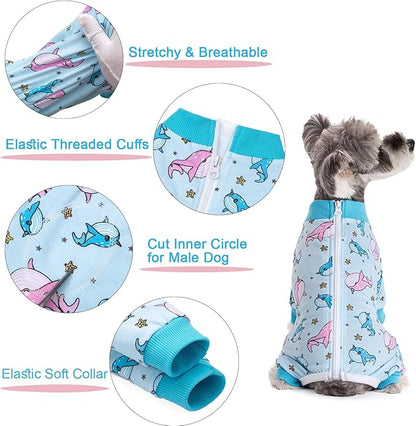 Dog Recovery Suit for Surgery Small Medium Dogs Onesie, Cute Soft Dog Pajamas Bodysuit Cone Alternative Prevent Licking Recovery Suit Female Male (Dolphins, X-Large)