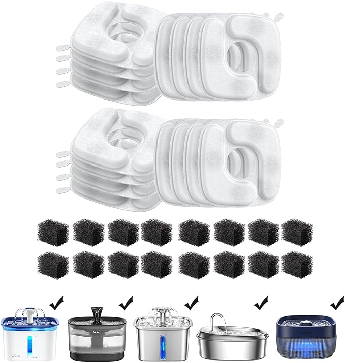 Veken Cat Water Fountain Filters, 16 Pack Replacement Filters & 16 Pack Replacement Pre-Filter Sponges Set for 50oz, 84oz, 95oz or 108oz Automatic Pet Fountain Dog Water Dispenser
