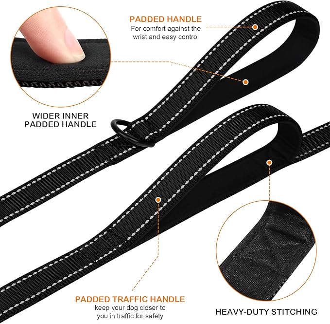 Joytale Dog Leash Heavy Duty for Large Dogs that Pull, Double Handle for Traffic Control, Double-Sided Reflective Leashes for Large Medium Dogs Night Safety, 6FT, Black
