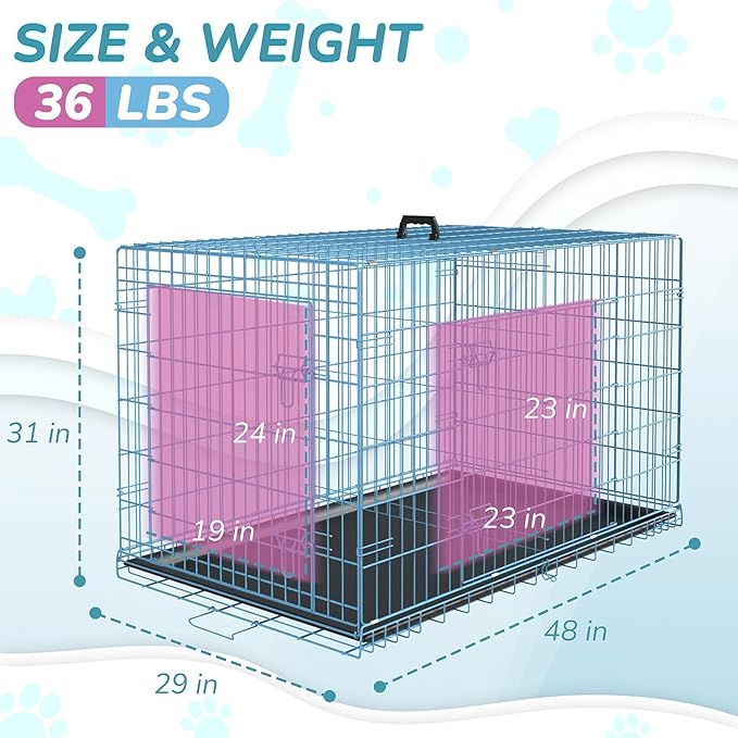 Dopinmin 48 Inch Heavy Duty Dog Crate Double Door Folding Metal Dog Cage Dog Crates for Large Dogs Outdoor Indoor Includes Divider Panel and Leak-Proof Tray,Blue