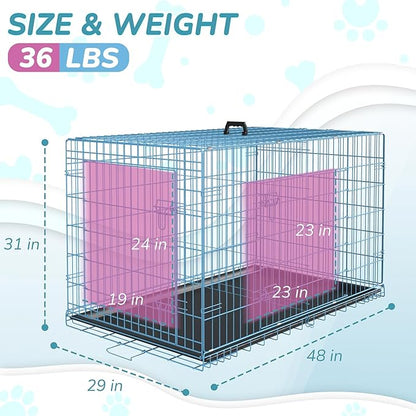 Dopinmin 48 Inch Heavy Duty Dog Crate Double Door Folding Metal Dog Cage Dog Crates for Large Dogs Outdoor Indoor Includes Divider Panel and Leak-Proof Tray,Blue