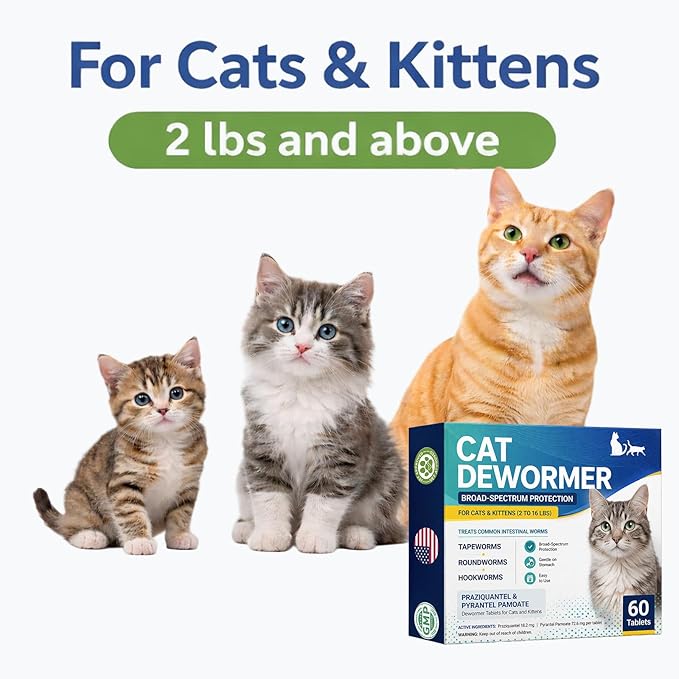 Broad Spectrum Cat Dewormer for Cats and Kittens, Praziquantel & Pyrantel Pamoate Tablet, Removal of Tapeworms, Hookworms & Roundworms & All Wormers Effective and Fast (60 Tablets)
