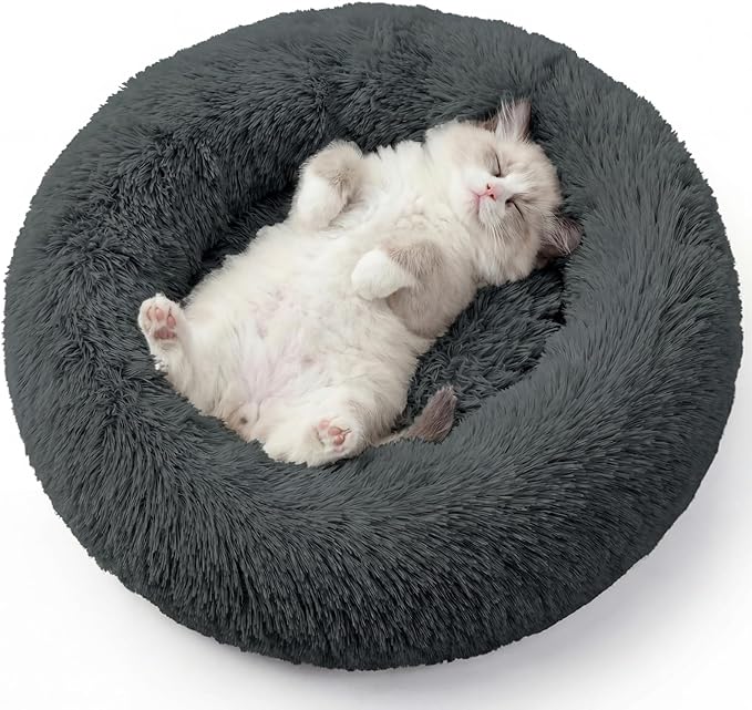 WROS Calming Dog Bed, 20" x 20" x 6" Fits Cat & Dog, Anti-Slip Round Washable Faux Fur for Doze Off, Napping Orthopedic, Dark Grey
