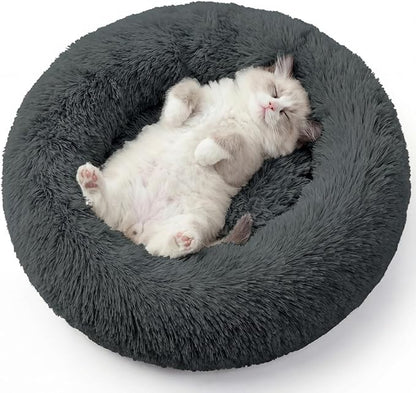 WROS Calming Dog Bed, 20" x 20" x 6" Fits Cat & Dog, Anti-Slip Round Washable Faux Fur for Doze Off, Napping Orthopedic, Dark Grey