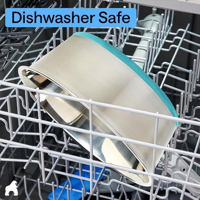 GORILLA GRIP Dog Bowls, Food Grade 304 Stainless Steel, Holds 1 Cup Each (8 fl oz) Food and Water Bowl for Feeding Dogs and Cats, Dishwasher Safe Rust Resistant BPA Free Rubber Base Set of 2 Turquoise