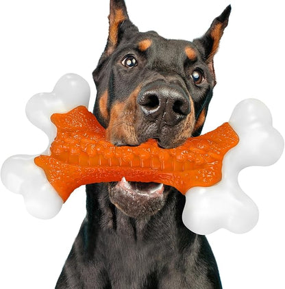 Kseroo Indestructible Dog Toys for Aggressive Chewers: Peanut Butter Flavored Hard Nylon Bone Chew Toys, Tough Dog Chew Toys for Large Dogs, Dog Toys to Keep Them Busy for Medium Large Breed, Orange