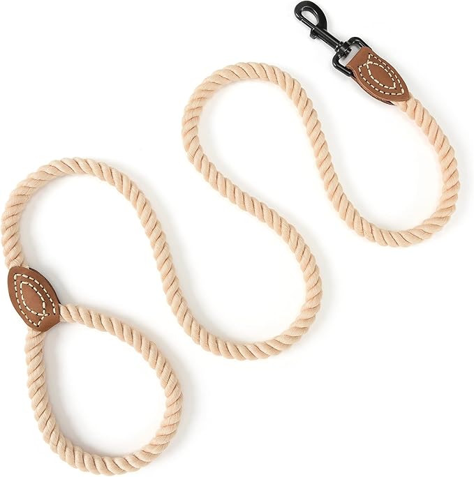 Mile High Life Dog Leash, Braided Cotton Rope Leashes with Leather Tip - Heavy Duty Metal Clasp, 5FT, 1/2" Thick - Wedding, Walking & Training Leash for Small Medium Large Dogs (Light Brown)