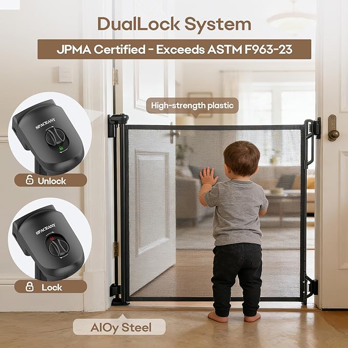 SPACEANY Retractable Safety Baby Gate or Mesh Dog Gate,Durable Portable Mesh Retractable Gate,Easy to Use for Stairs, Doorways, Hallways, Indoor, Outdoor, 33.5" Tall, Up to 55" Wide, Black