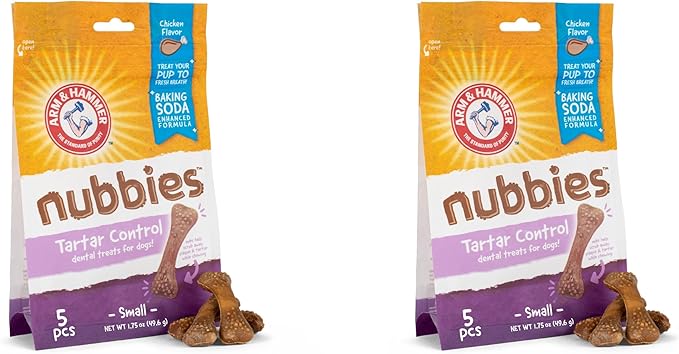 Arm & Hammer for Pets Nubbies Dental Treats - Baking Soda & Calcium Dog Dental Chews, Nubbed Texture Helps Scrub Plaque & Tartar While Chewing, Chicken Flavor, 5 Count, 1.75 Ounce - 2 Pack
