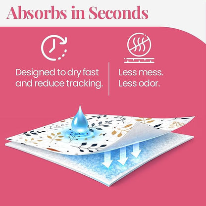 Pupiboo Disposable Dog and Cat Training Pads – Leaves Pattern, Highly Absorbent Pee Pads, Leak Proof Backing, Pheromonal Attractant for Housebreaking & Potty Training – 23x23 in (100 Count)