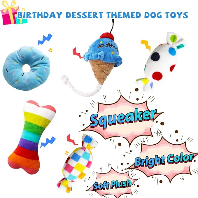 lilfrd Dog Birthday Toy Set, 9Pcs Plush Pet Toy for Small Dogs, Includes Squeaky Cake Hat, Bandana, Dessert Themed Toys, Balloons, for Dog Birthday Party