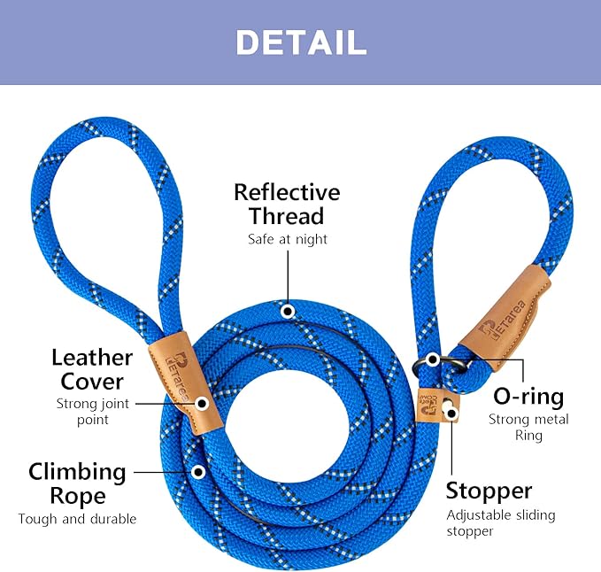 5 FT Slip Lead Dog Leash, Heavy Duty Rope Leash for Small Medium Large Dogs, No Pull Training Lead with Reflective Thread, Strong Comfortable Loop Leash (Blue Stripe, Large(1/2"))