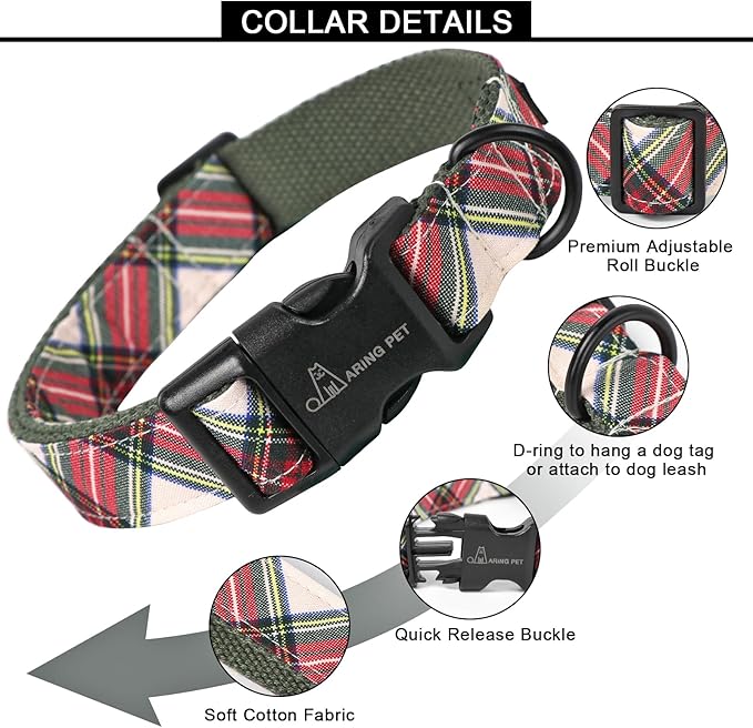 ARING PET Christmas Dog Collar, Cute Winter Red Green Plaid Cotton Lightweight Pet Puppy Collars for Small Medium Large Dogs-S