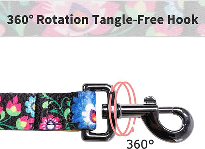 Ihoming Dog Collar and Leash Set for Daily Outdoor Walking Running Training, Black Colorful Flowers Design for Medium Boys Girls Dogs Cats Pets, M-Up to 45LBS