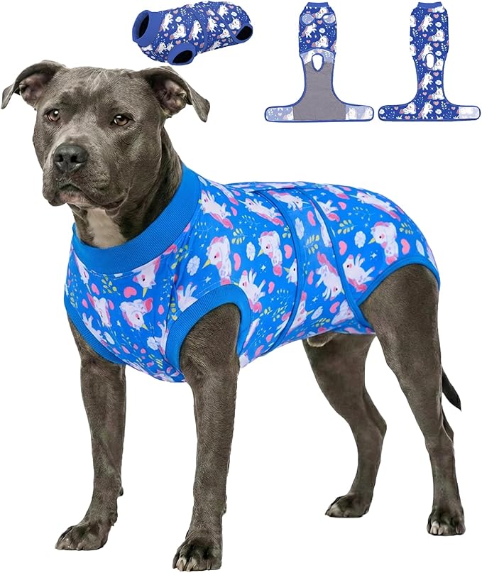 PetWarm Dog Surgery Suit, Dog Surgical Recovery Suit Female and Male, Onesies for Dogs, Anti-Licking Surgery Recovery Shirt for Dogs, Unicorn Pattern, Blue, XL