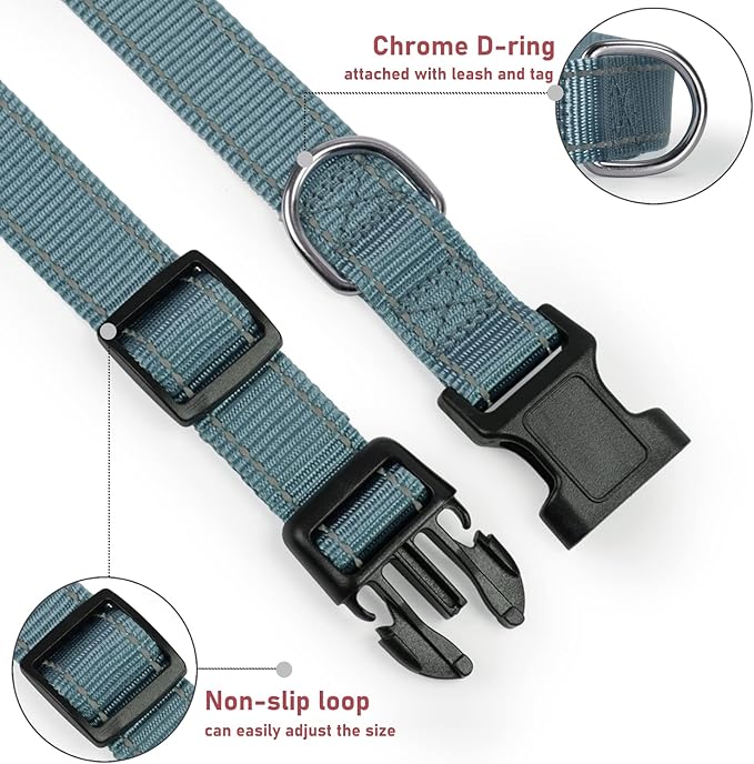 Reflective Dog Collar with Buckle Adjustable Safety Nylon Collars for Small Medium Large Dogs, Grey S
