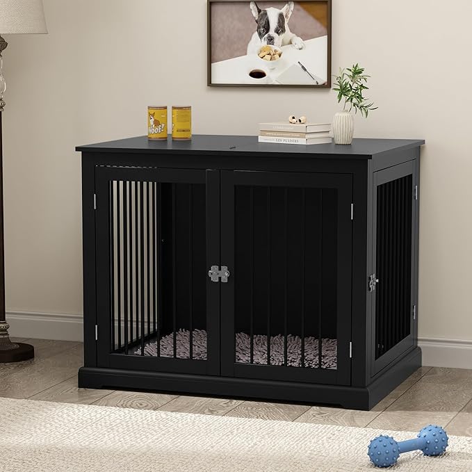 PUPETPO Large Dog Crate Furniture, Wooden Dog Kennel with Cushion, Dog Crate End Table Large, Indoor Dog Kennel, Modern Decorative Dog Crates with Flip Top, Chew-Proof Metal Bars, Black