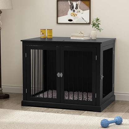 PUPETPO Large Dog Crate Furniture, Wooden Dog Kennel with Cushion, Dog Crate End Table Large, Indoor Dog Kennel, Modern Decorative Dog Crates with Flip Top, Chew-Proof Metal Bars, Black