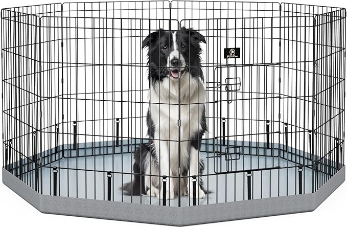 PJYuCien Dog Playpen with Bottom Pad - Metal Foldable Exercise Pen, 8 Panels 30" H x 24" W Indoor Outdoor Pet Fence Puppy Crate Kennel, Gray