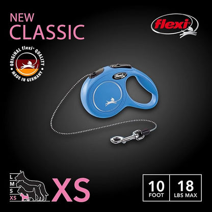 FLEXI® Classic XS Cord Retractable Dog Leash (Blue)-10 ft for Extra Small, Tiny Dogs up to 18 lbs| Ultra Compact Pocket-Size, 3-Finger Grip, German Quality| Tangle-Free, One-Hand Brake, Pause & Lock