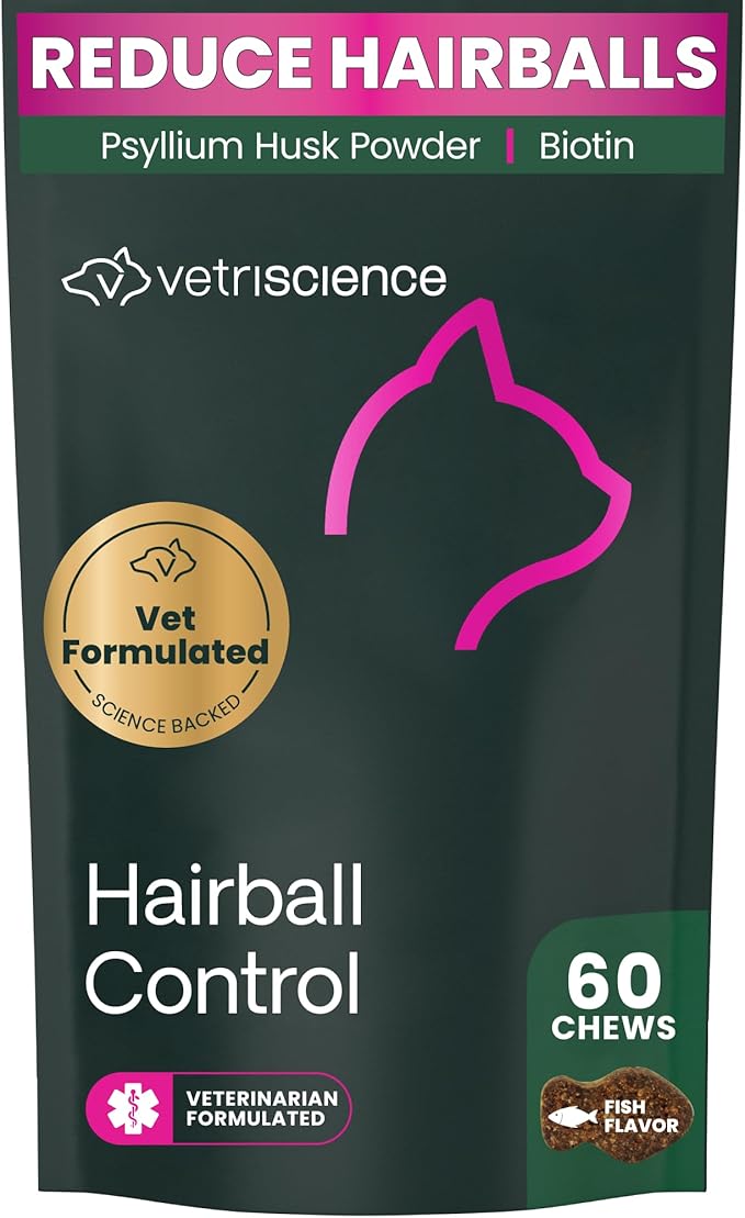 VetriScience Hairball Control Chews for Cats, Omega-3 and Fiber Supplement, Support Digestion and Skin and Coat, Tasty Small Bites, Chicken, 60 Count