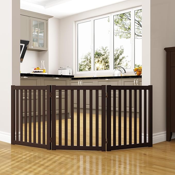 WELLAND 24" Freestanding Pet Gate, Foldable Indoor Wooden Dog Puppy Gate, 3 Panel Step Over Fence, Expands Up to 60" Wide, Espresso