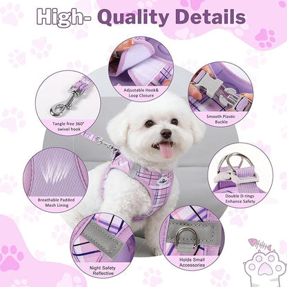 Gyuzh Dog Harness and Leash Set for Puppies - 3 Piece Step in No Pull Vest & Collar, Extra Small Kitten Harness, Breathable Reflective Plaid, Padded Leash (Purple, S)