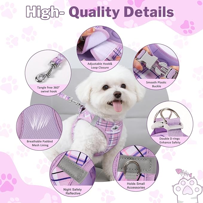 Gyuzh No Pull Dog Harness - 3-in-1 Step in Harness Collar Leash Set for Small Dog Walking & Training, Easy Walk Style, Lightweight Plaid Vest (Purple, M)