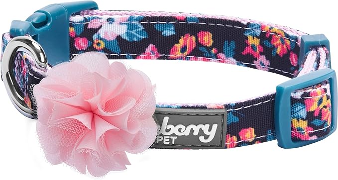 Blueberry Pet Made Well Elegant Floral Print Adjustable Dog Collar in Sleek Black with Pink Artificial Silk Flower, Large, Neck 18"-26"