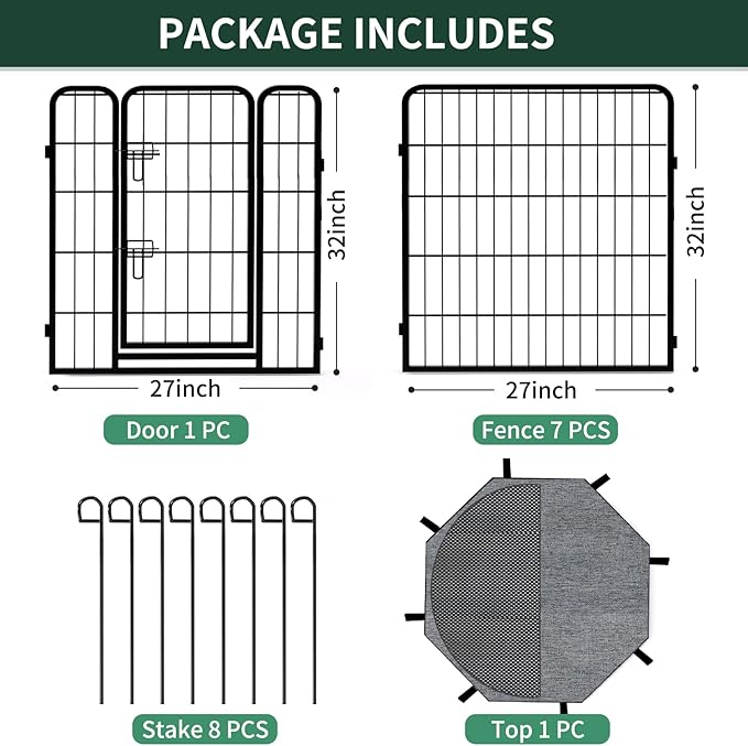 PETIME Dog Playpen,Metal Exercise Puppy Pen Heavy Duty Kennels Yard Fence Indoor/Outdoor 27" W x 32" H 8 Panels Dog Cage with Octagon Top Cover
