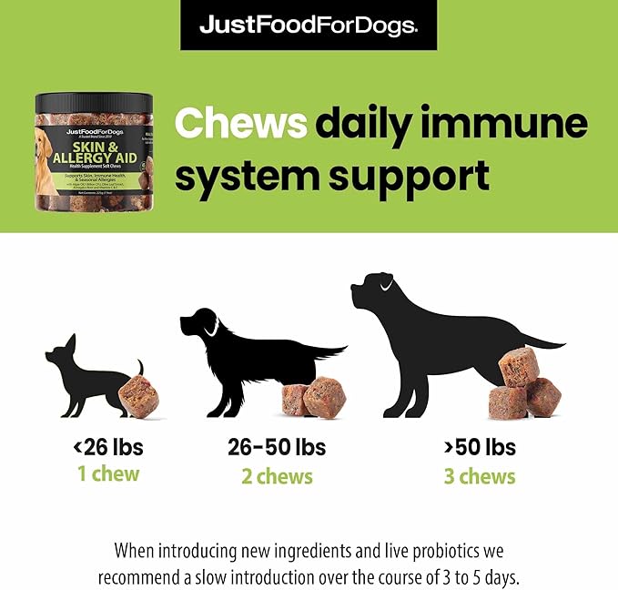 JustFoodForDogs Skin & Allergy Supplement for Dogs, Human Grade Dog Supplements, Skin & Coat Support, Multivitamin Soft Chews, Omega 3 Oil, Superfood Blend, Plant Based Dog Vitamins - 45 Count