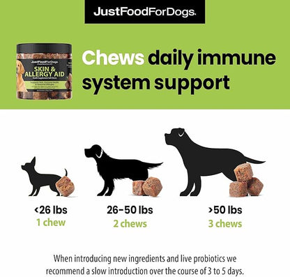 JustFoodForDogs Skin & Allergy Supplement for Dogs, Human Grade Dog Supplements, Skin & Coat Support, Multivitamin Soft Chews, Omega 3 Oil, Superfood Blend, Plant Based Dog Vitamins - 45 Count