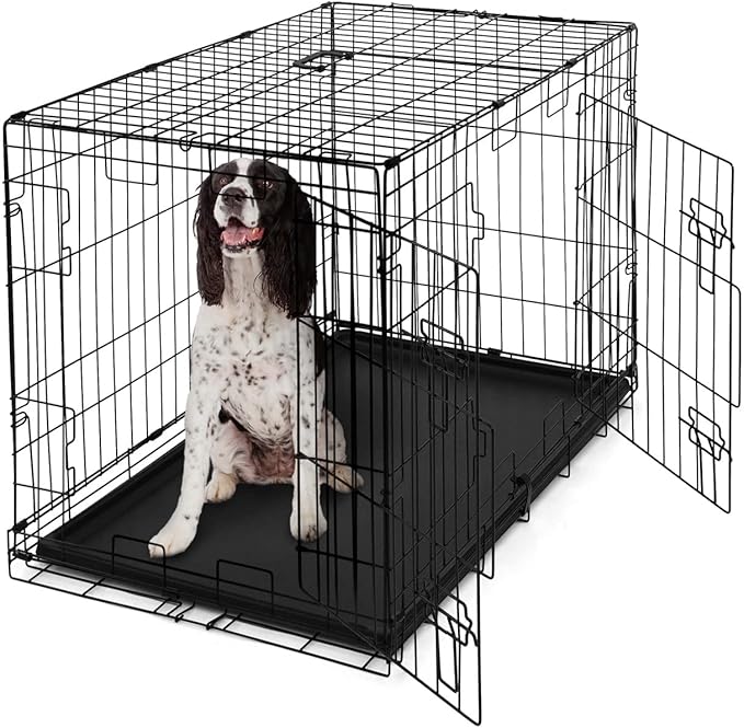 BOWHAUS Foldable Dog Crate Wire Metal Dog Kennel w/Divider Panel, Leak-Proof Pan & Protecting Feet, Single & Double Door, Small, Medium & Large Dog Crate Indoor Wire Dog Cage, 36” w/Double Doors