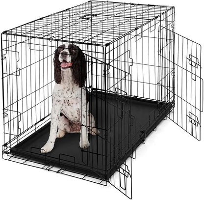 BOWHAUS Foldable Dog Crate Wire Metal Dog Kennel w/Divider Panel, Leak-Proof Pan & Protecting Feet, Single & Double Door, Small, Medium & Large Dog Crate Indoor Wire Dog Cage, 36” w/Double Doors