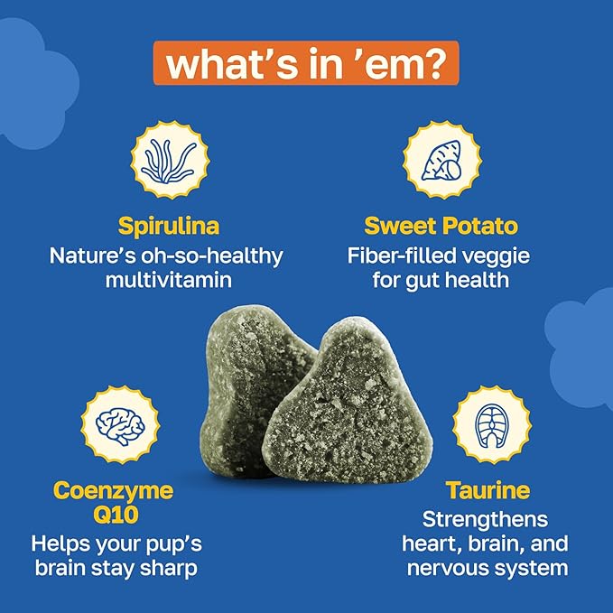 Happy Paws Cognitive Taurine Supplement for Dogs, Soft Chews with Spirulina, CoQ10 & Vitamins B1, B3, B12, Senior Dog Vitamins that Support Cognitive Function, Memory and Focus,