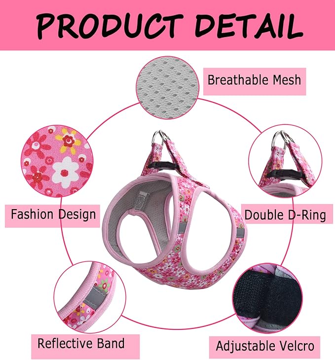 Moonpet Step in Dog Harness Leash Set- All Weather Reflective No-Pull Floral Pattern Padded Mesh Vest Harness for Cats Puppy Extra-Small Small Medium Large Dogs - Pink Flower - S