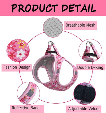 Moonpet Step in Dog Harness Leash Set- All Weather Reflective No-Pull Floral Pattern Padded Mesh Vest Harness for Cats Puppy Extra-Small Small Medium Large Dogs - Pink Flower - S