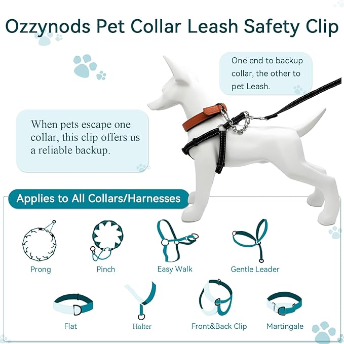 Dog Collar Safety Clip, Chew Proof Prong Collar Double Ended Backup Clasp Stainless Steel, Heavy Duty Dog Chain Leash Connector for Harness, Pinch, Gentle Lead with Carabiner, 6in