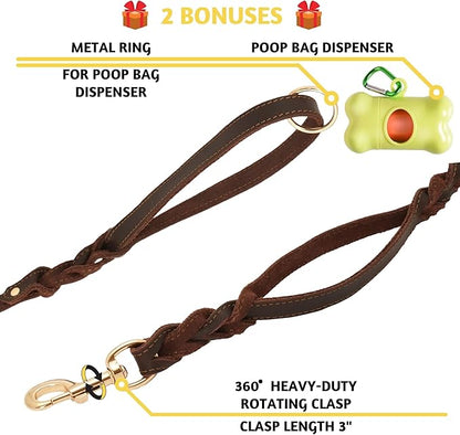 ADITYNA - Double Handle Leather Dog Leash 6ft - Heavy Duty Braided Dog Leash with Traffic Handle - Lead for Training and Walking Medium Large Breeds (Brown, Two Handles 6 Foot x 3/4")
