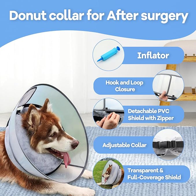 2-in-1 Upgraded Inflatable Dog Cone Collar with Detachable Anti-Licking Shield, Soft Adjustable Elizabethan Collar for Dogs After Surgery (XL, Grey)