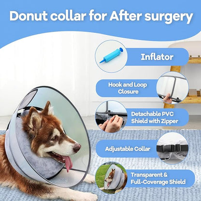 2-in-1 Upgraded Inflatable Dog Cone Collar with Detachable Anti-Licking Shield, Soft Adjustable Elizabethan Collar for Dogs After Surgery (XL, Grey)