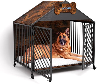 Heavy Duty Dog Crate Furniture for Large Breeds, 39.4" XXL Indoor Wooden Dog Kennel with Gable Roof, Escape Proof Double Door & Chew Proof Metal Cage for German Shepherd/Labrador, Rustic Brown